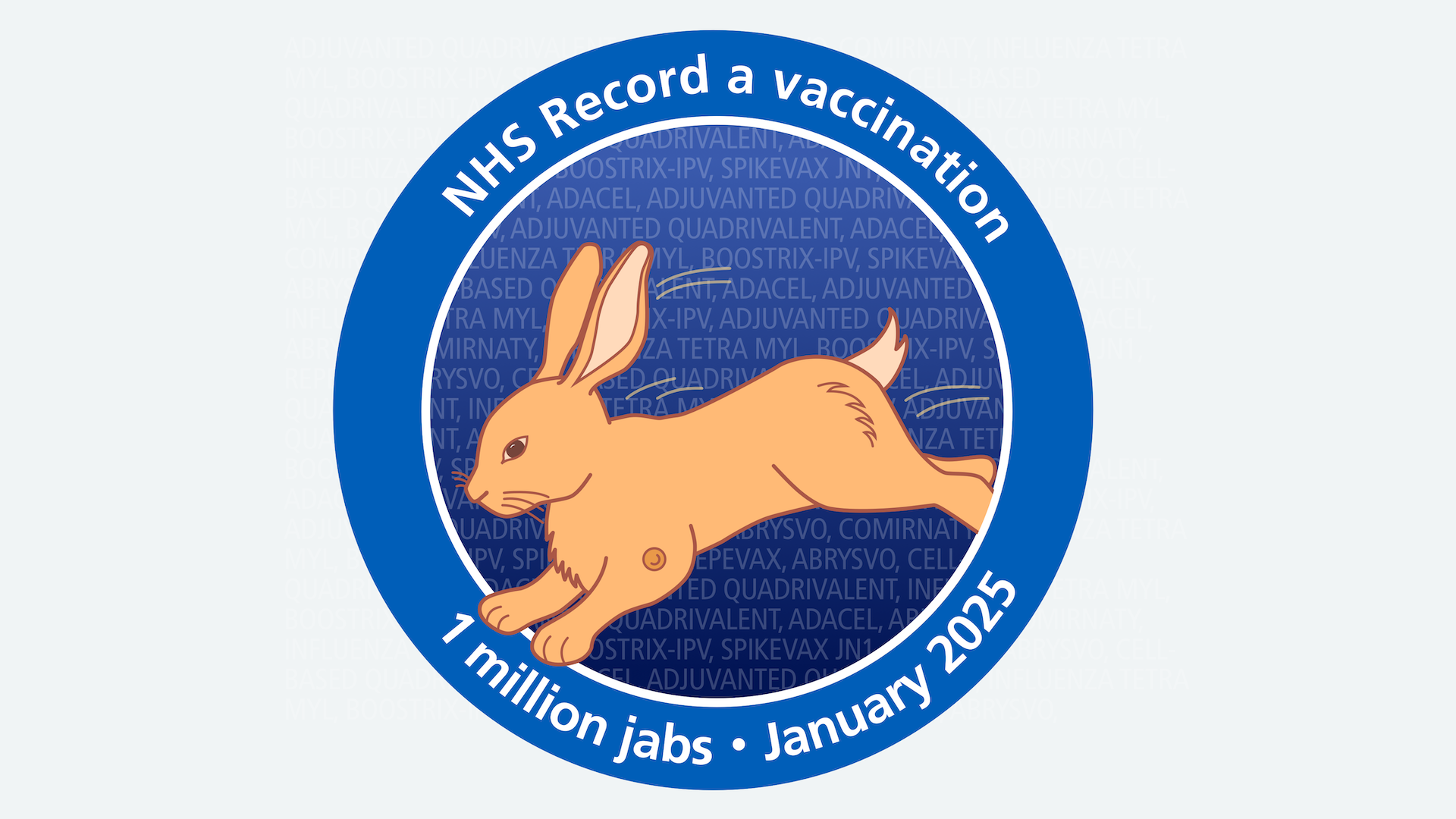 A graphic of a circular emblem featuring an illustration of bounding bunny with a small plaster on its arm. Encircling it are the words: NHS Record a vaccination, 1 million jabs, January 2025.