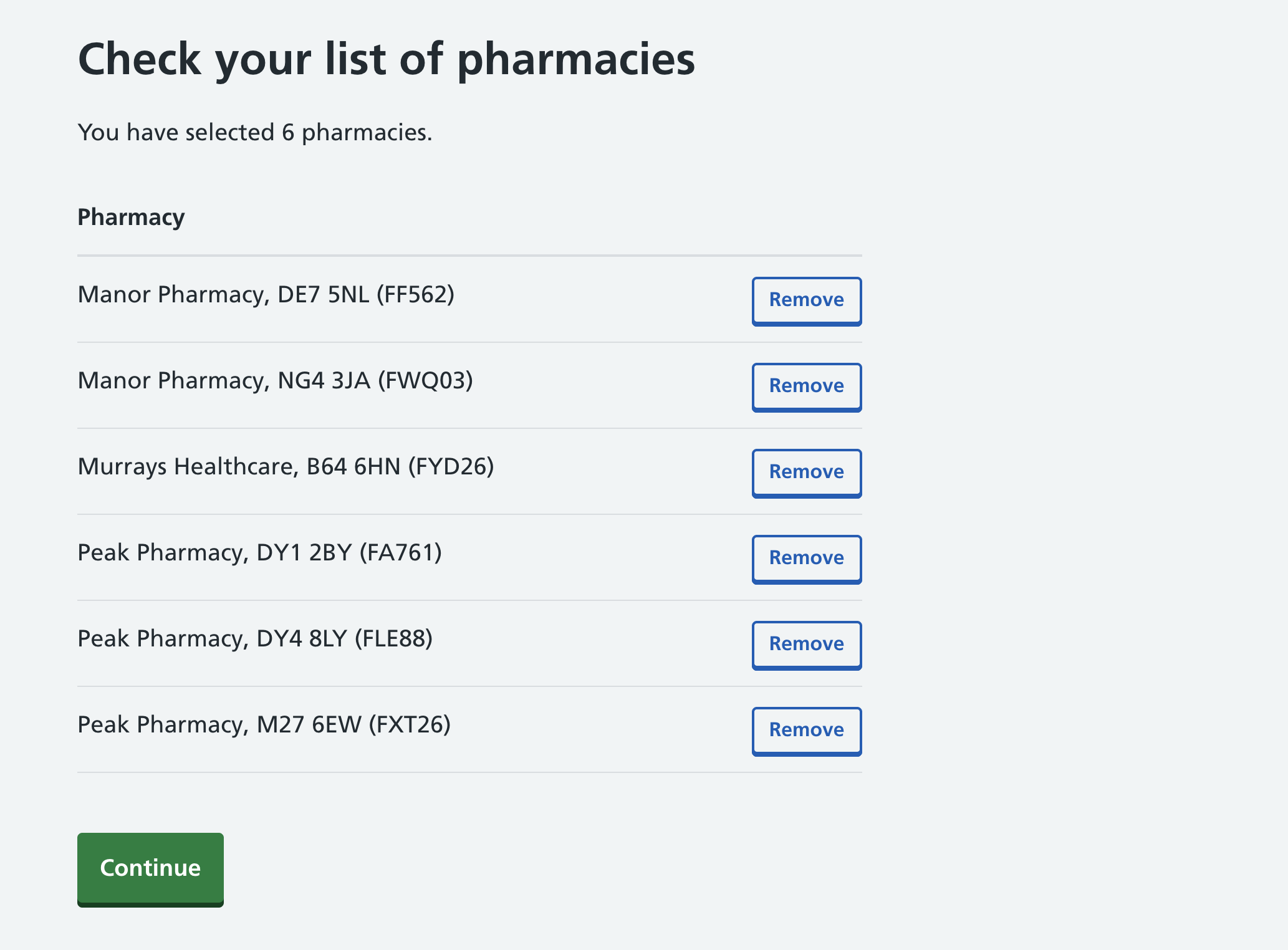 Screenshot of a page titled ‘Check your list of pharmacies’, with 6 pharmacies then listed by name, each of which has a ‘Remove’ button to the right of it.