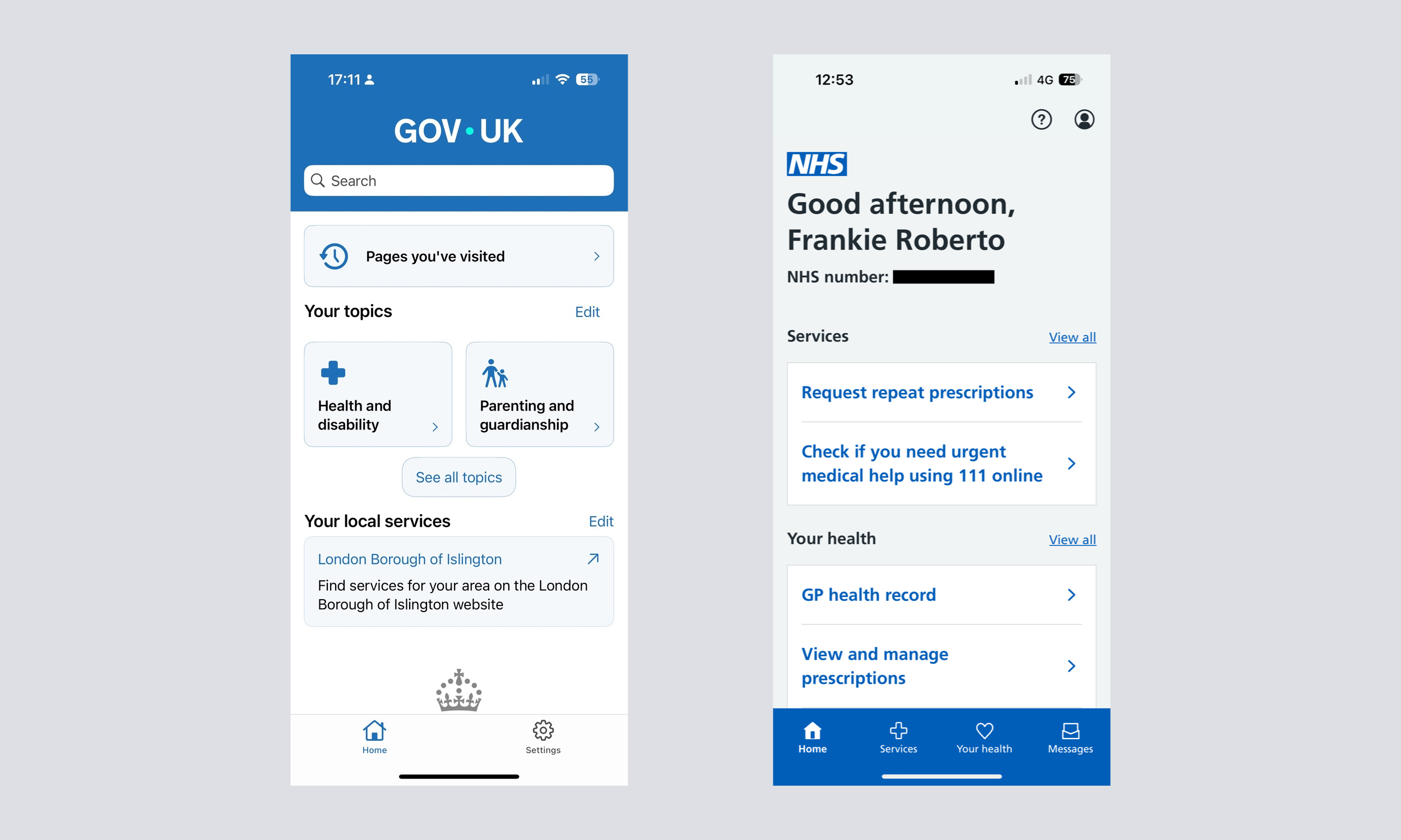 Screenshot of the NHS and GOV.UK apps