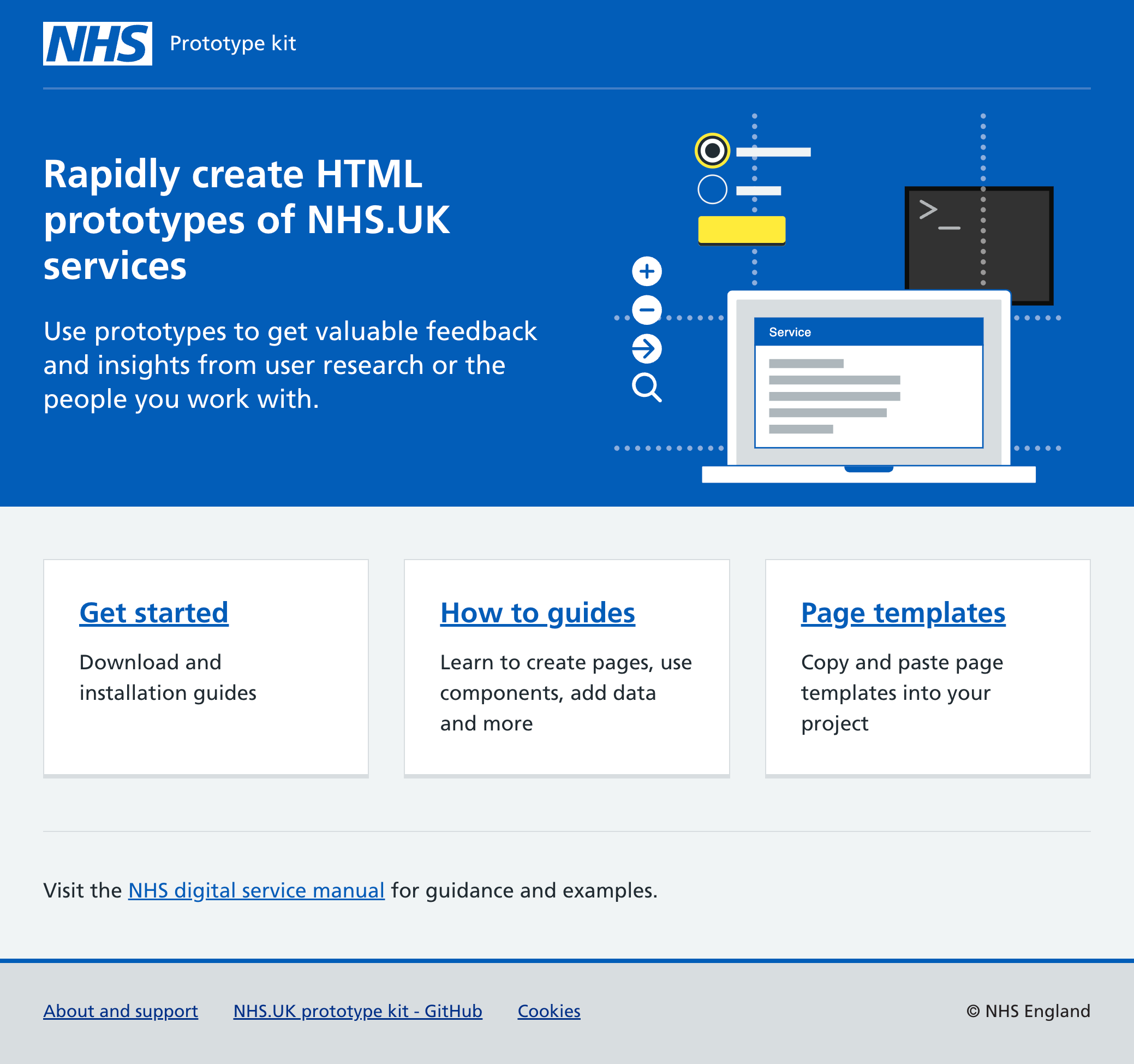 Screenshot of the homepage of the NHS Prototype Kit website. It features the tagline 'Rapidly create HTML prototypes of NHS.UK services' and has an illustration depicting buttons, icons and form elements being assembled onto a screen. The content continues 'Use prototypes to get valuable feedback and insights from user research or the people you work with' and has three main links labelled Get started, How to guides, and Page templates.