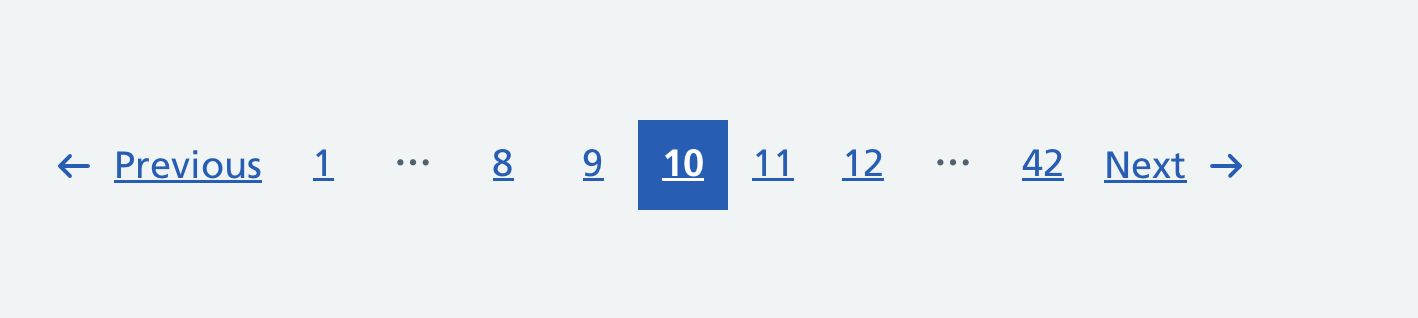 Screenshot showing a list of links laid how in a horizontal line, starting with ‘Previous’, then ‘1’, then a space showing an ellipsis, then ‘8’, ‘9’, ‘10’ (with a blue background to indicate it’s the current page), then ‘11’, ‘12’, another ellipsis, then ‘42’ and finally a ‘Next’ link
