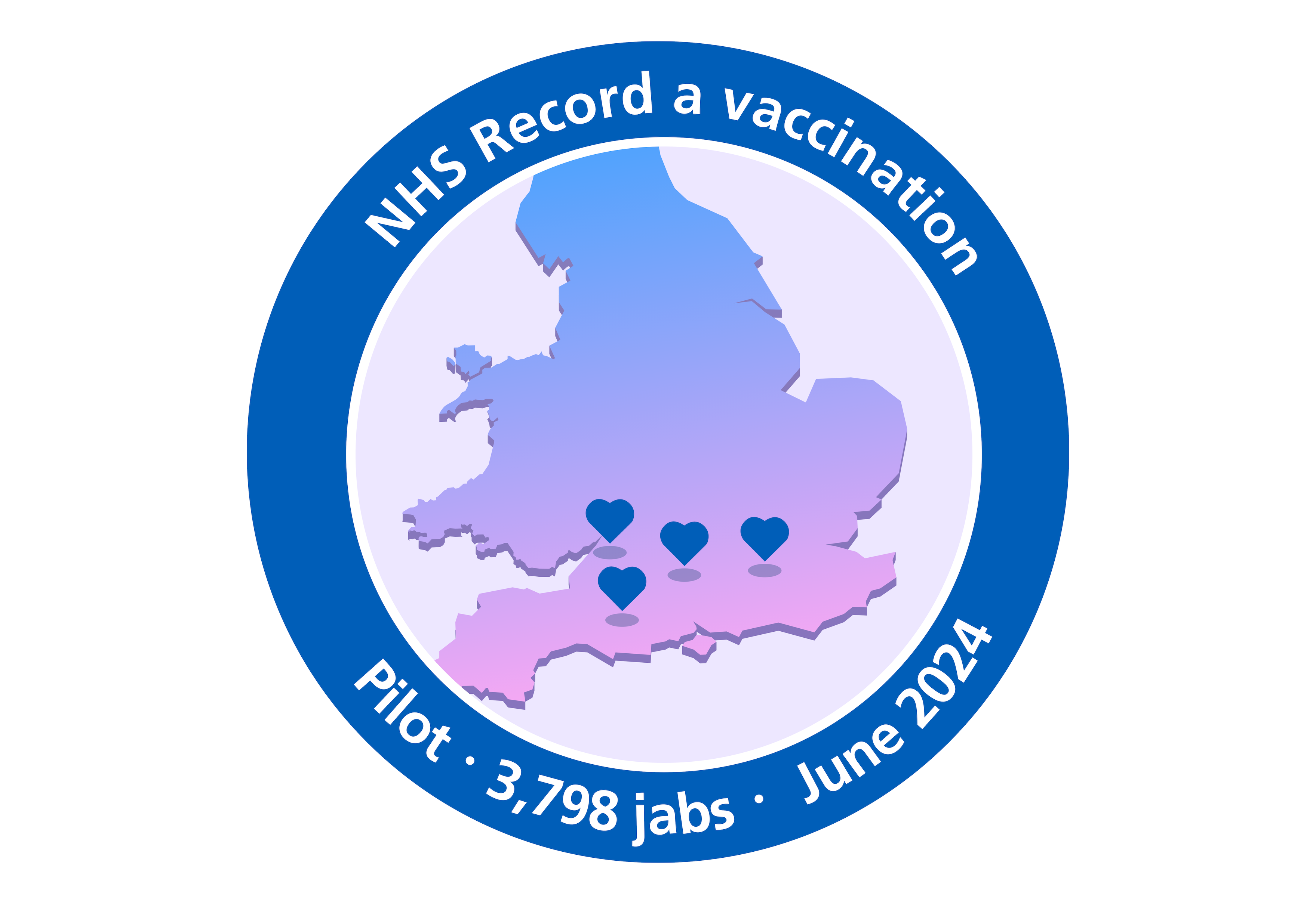 A circular graphic with the text 'NHS Record a vaccination: pilot, 3798 jabs, June 2024' around the outside, and an outline of the UK with 4 hearts representing locations in the South-East