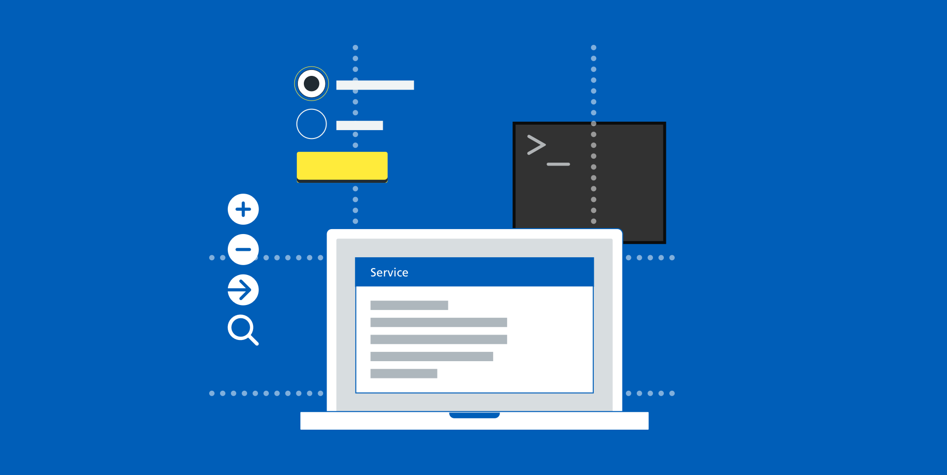 Illustration showing buttons, radio inputs, icons and a terminal prompt all connected to a laptop showing a box with a blue header labelled ‘Service’