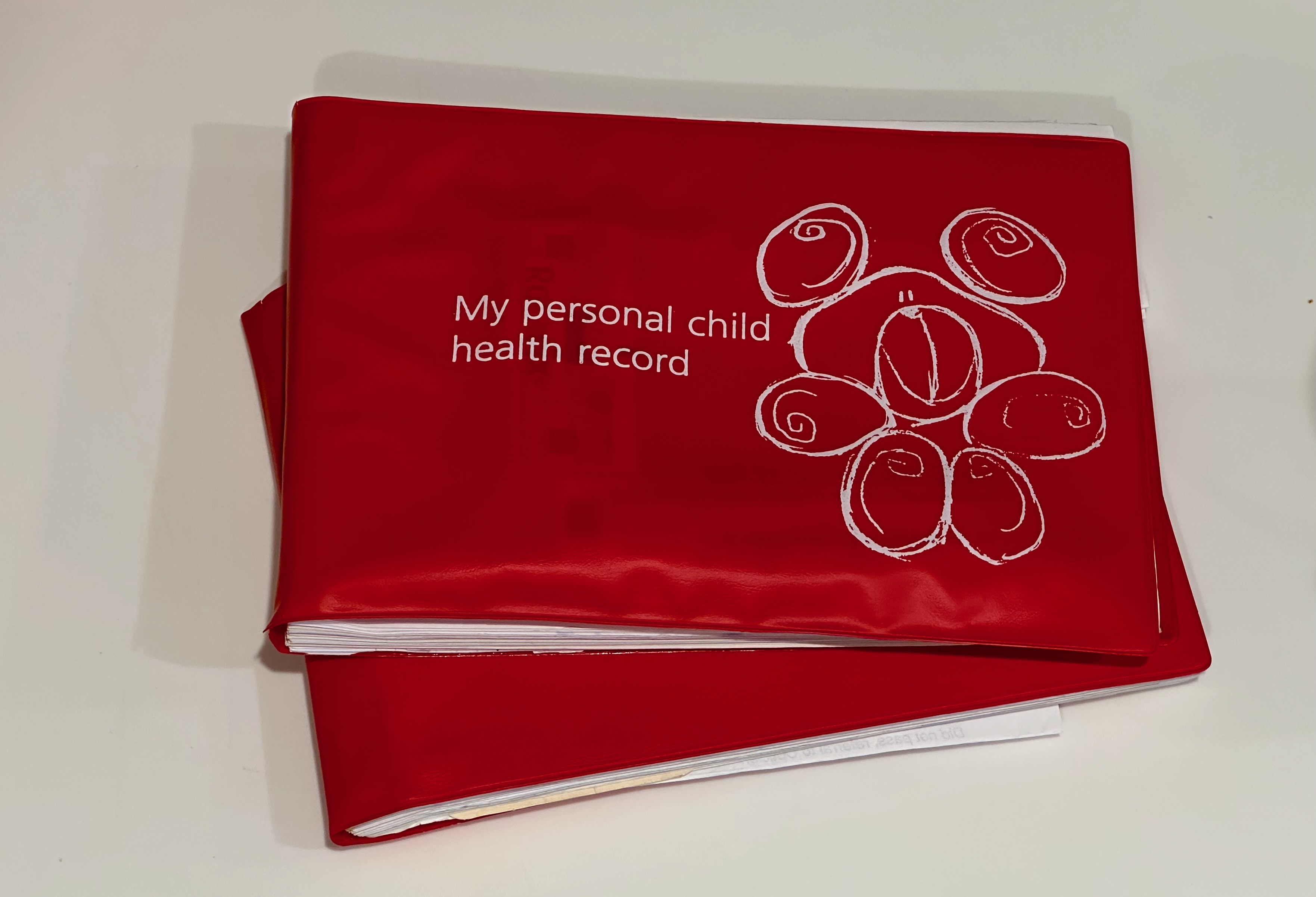 Photo of two A5-sized red books stacked on top of each other, with the cover containing the tile 'My personal child health record' and a drawing of a teddy bear.