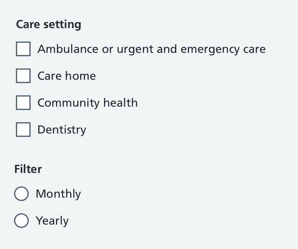Screenshot showing a bold ‘Care setting’ label followed by 4 small labelled checkboxes, then a bold ‘Filter’ label followed by 2 small radio buttons